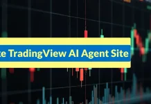 A digital stock market chart with red and green candlesticks. Overlaid text on a yellow bar reads: The TradingView AI Agent Site.