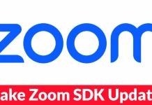 The Zoom logo in blue letters with a red banner below that reads Fake Zoom SDK Update in white text.