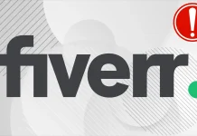The image shows the Fiverr logo in bold black letters on a light background, with a red exclamation mark icon in the top right corner and a green dot near the bottom right of the text.