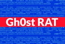 Red banner with white text Gh0st RAT over a blue background filled with lines of white computer code.