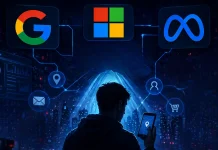 A person holding a phone stands in front of glowing icons for Google, Microsoft, and Meta, surrounded by digital symbols representing email, location, profile, and shopping in a futuristic, blue-lit setting.