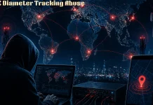 A hooded figure uses a laptop in a dark room with glowing red lines connecting points on a world map, illustrating global tracking. Text reads Diameter Tracking Abuse.