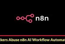 A black background displays the n8n logo and text. Below, a yellow-highlighted headline reads: Hackers Abuse n8n AI Workflow Automation.