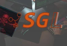 An orange SGL logo overlays an image of a hacker using a computer with a rainbow-lit keyboard and a monitor displaying a red skull graphic.