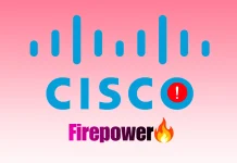 The image shows the blue Cisco logo with a red exclamation mark in the letter O, and the word Firepower in bold with a flame icon below on a pink background.