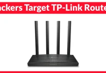 A black TP-Link router with four antennas is shown below a red banner with white text reading Hackers Target TP-Link Routers.