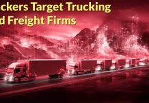A row of semi-trucks drives along a road with digital, network-like graphics overlaying a mountainous background. The text reads, Hackers Target Trucking and Freight Firms.
