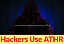 A person in a dark hoodie faces a laptop, obscured by shadows and digital lines. Bold yellow and red text at the bottom reads: Hackers Use ATHR.