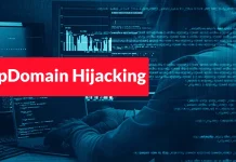 A person in a hoodie sits at a computer with code on the screen. The text Domain Hijacking is displayed prominently in red across the image. The scene has a blue digital overlay.