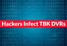 The words Hackers Infect TBK DVRs in white text on a red banner, over a blue background filled with binary code.