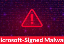 A red warning triangle with an exclamation mark appears over a background of digital code. The text Microsoft-Signed Malware is partially visible in bold at the bottom of the image.