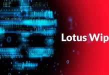 Blue digital data and binary code form a face on the left side, with a red gradient background on the right displaying the text Lotus Wip.