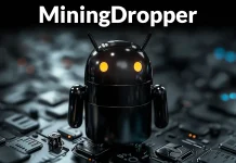 A shiny black robot with yellow eyes stands on a circuit board. The word MiningDropper appears in bold white text above the robot.