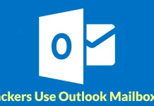 Blue background with a white Outlook logo and envelope icon. Text at the bottom partially reads, ckers Use Outlook Mailbox, suggesting a message about hackers using Outlook mailboxes.