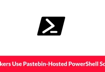 A black PowerShell logo is centered on a white background. A red banner with partial white text runs along the bottom, partially reading Use Pastebin-Hosted PowerShell Sc.