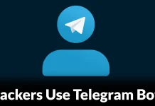 A blue avatar icon with the Telegram paper plane logo as the head, above the partially visible text, Hackers Use Telegram Bo. The background is dark.