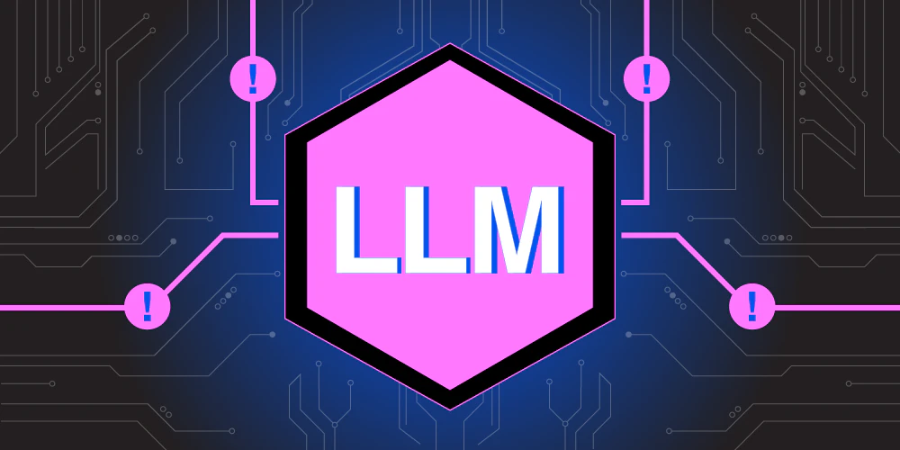 A hexagon with LLM in bold white letters is centered on a dark circuit board background, with pink lines and exclamation marks extending outward, suggesting a technology or AI theme.