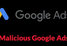 Google Ads logo and text at the top, with the words Malicious Google Ads in bold red font below on a black background.