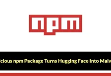The image shows the npm logo above a black and yellow banner with the text: Malicious npm Package Turns Hugging Face Into Malw.