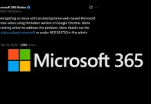 A screenshot displays a Microsoft 365 status update about issues accessing web-based services with Google Chrome, above a large Microsoft 365 logo with the colored Windows icon on a black background.
