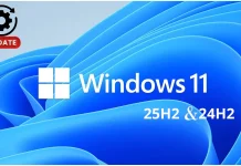 Microsoft-Releases-cumulative-update-KB5083769-for-Windows-11-version-25H2-and-24H2–218×150 Windows 11 update screen displaying Windows 11 25H2 & 24H2 in white text over a blue abstract background, with a gear and UPDATE icon in the top left corner.