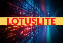 A digital background with blue and red light streaks. In the center, a yellow banner with bold red text reads LOTUSLITE.