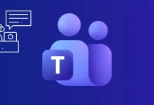Illustration of two overlapping blue and purple figures with a square featuring a white T in front, representing the Microsoft Teams logo, on a dark blue background.