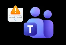 Microsoft Teams logo with a warning icon above it that says, Were having trouble loading your message. Try refreshing, on a black background.