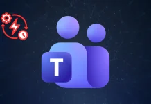 Microsoft Teams logo in the center on a dark background with a small red gear and lightning bolt icon in the top left corner.