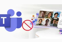 Microsoft Teams logo next to a crossed-out symbol and a screen showing a video call with six people, indicating restricted or blocked access to Microsoft Teams video meetings.