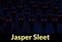 A crowd of shadowy figures with pink Xs over their faces stands in darkness. The text Jasper Sleet appears in large yellow letters at the bottom.