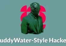 A faceless figure in a suit, with a distorted, mask-like head, stands in front of a red abstract logo on a teal background. Text below reads MuddyWater-Style Hacker.
