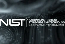 NIST logo with the text National Institute of Standards and Technology, U.S. Department of Commerce on a dark, abstract, wavy background.