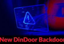 A digital screen with a glowing blue warning symbol and the text New DinDoor Backdoor in bold red letters at the bottom, suggesting a cybersecurity threat.