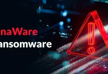 A red warning triangle with an exclamation mark appears next to the text LunaWare Ransomware on a dark, digital background, suggesting a cybersecurity threat.