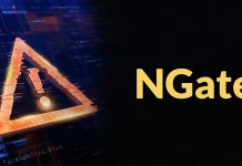 A glowing orange warning triangle with an exclamation mark appears next to the yellow text NGate on a dark background with digital patterns.
