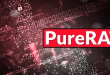 Red and black digital background with binary code, a padlock icon, and the word PureRAT in bold white letters on a red rectangle, suggesting cybersecurity or malware context.