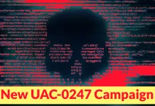 A skull shape made of red computer code appears on a dark, glitchy screen with the text New UAC-0247 Campaign in bold yellow and red at the bottom.