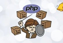 Cartoon of a person holding a shield and baton, defending against angry-faced boxes, with a php text bubble above them.