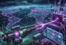 A futuristic digital cannon shoots purple energy into a laptop, with cybernetics and security icons around, representing a global cyberattack. A map with connected nodes and digital locks appears in the background.