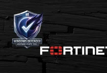 A logo for Windows Defender Antivirus Esports Studio appears on the left, featuring a blue shield with a checkmark and lightning bolt. To the right is the Fortinet logo on a black wooden background.