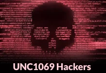 A digital skull composed of red computer code appears on a dark background. The text at the bottom reads UNC1069 Hackers. The image suggests cybercrime or hacking activity.