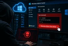 A person in a dark hoodie uses a laptop with a red skull on the screen, sitting in front of a monitor showing a Windows Admin Center interface and a cloud icon glowing in the background.