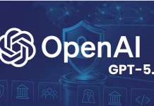 OpenAI GPT-5 logo on a blue background with a shield icon and digital symbols, representing artificial intelligence and advanced technology.