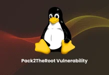 The image shows the Linux mascot, Tux the penguin, sitting on a dark background with colorful wave lines. Below Tux, the text reads Pack2TheRoot Vulnerability.