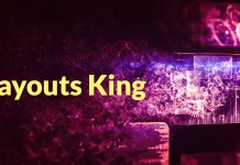 Yellow text reading Layouts King appears on a dark, abstract background with purple and pink digital and light effects.