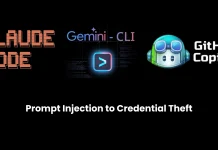 Logos for Claude Code, Gemini CLI, and GitHub Copilot are shown above the text: Prompt Injection to Credential Theft on a black background.