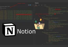 Screenshot of code with JSON data and a response panel, overlaid with the Notion logo and an illustrated folder containing floating colored cubes. Red arrows and annotations highlight parts of the code and data.