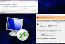 Screenshot showing a Remote Desktop Connection login window and a security warning dialog, both displaying prompts about connecting to another computer and potential certificate issues. An icon with two green arrows and a monitor is also visible.
