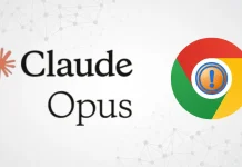 The words Claude Opus next to the Google Chrome logo with an exclamation mark inside a blue circle overlay.